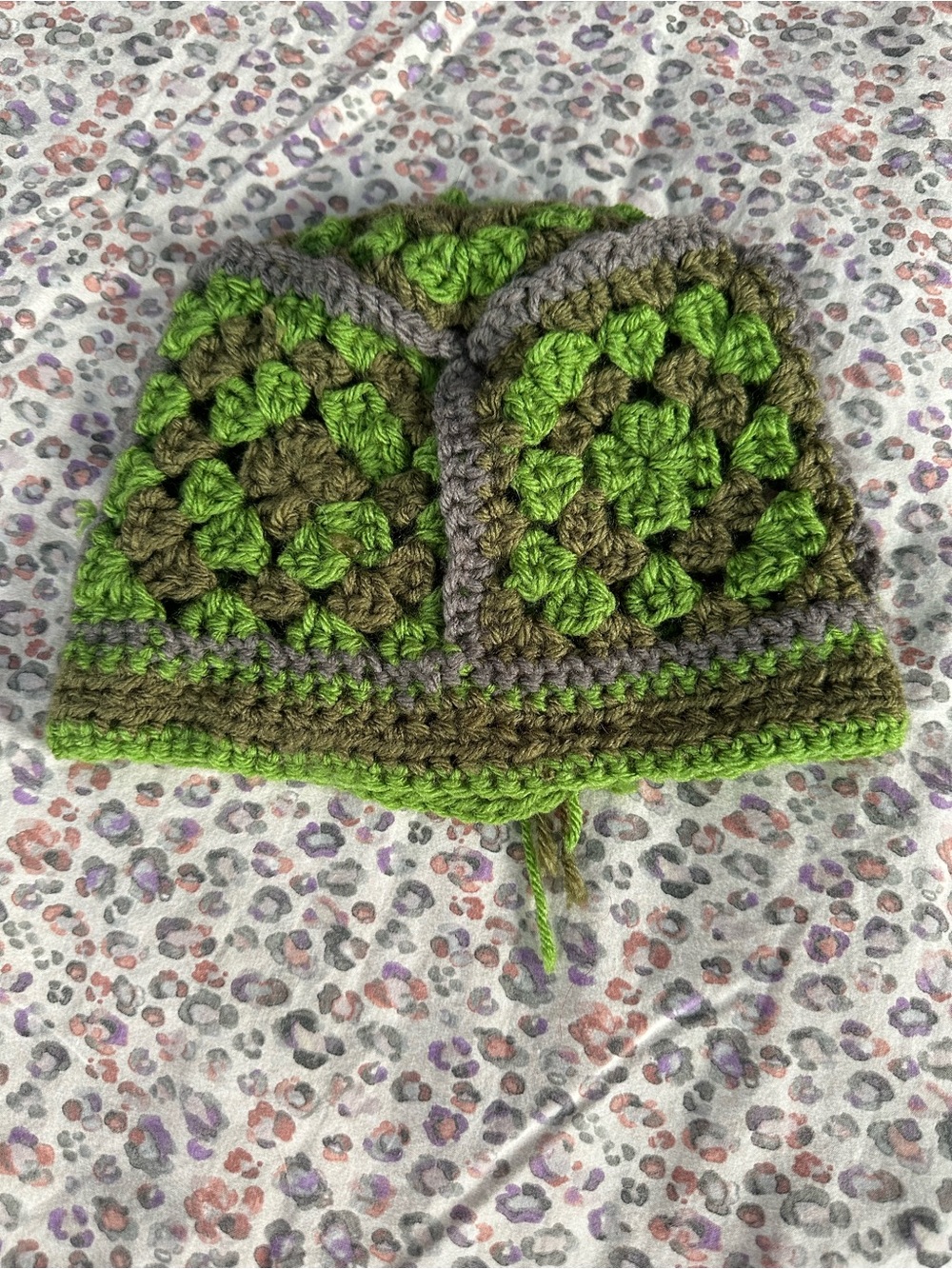 Cozy Kids Crochet Beanie Hat in Green, Brown & Gray